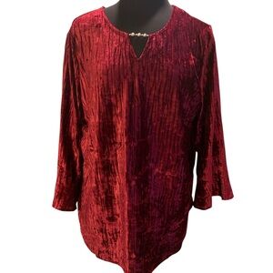 Alfred Dunner Red Velvet Pleated 3/4 Sleeve Blouse